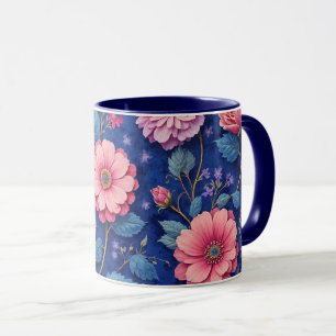 Taza Hermoso patrón floral rosa y azul