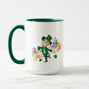 Taza Hermoso y alegre leprechaun bailando, un arco iris