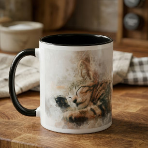 Taza Hermoso y lindo gatito durmiendo acuarela