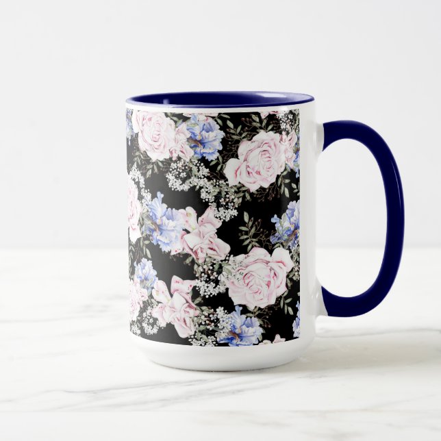 Taza Hermosos Rosas de patrón floral Iris azul rosado (Derecha)