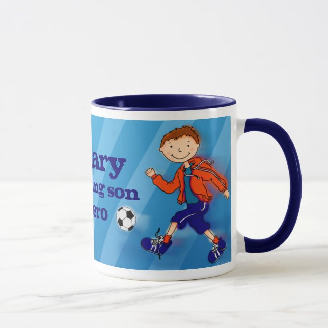 Taza Héroe del fútbol del hijo mugre azul (Derecha)