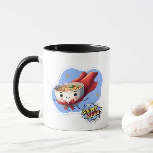 Taza Héroe Sopero, Sopa de Superhéroe Juego de Palabras (Con donut)