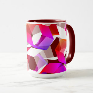 Taza hexágonos rosados y más colores, fondo rojo oscuro