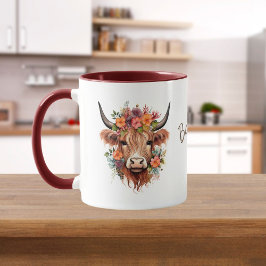 Taza Highland Cow Boho | Nombre con diseño de flores