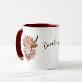Taza Highland Cow Boho | Nombre con diseño de flores