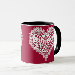 Taza Hojas de corazón rojo de encaje floral delicado Dí