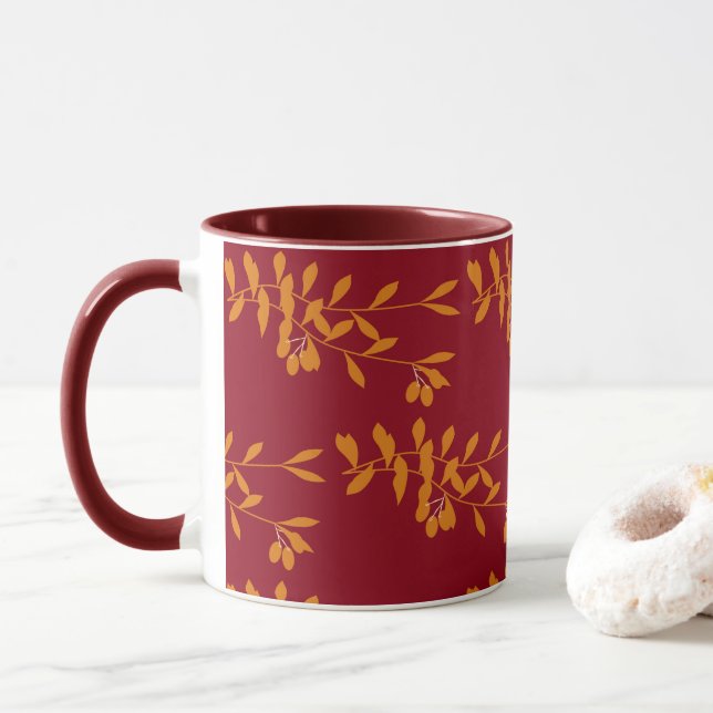 Taza hojas de la rama de silueta naranja en rojo (Con donut)