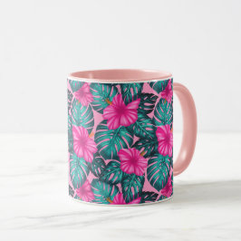 Taza Hojas de Monstera e Hibiscus, Verde azuladas y ros