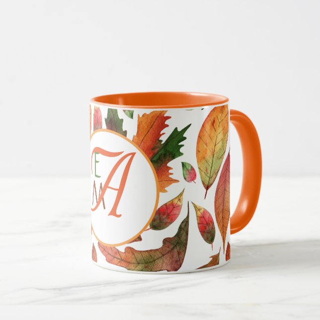 Taza Hojas de otoño monogramadas caen decoración naranj (Anverso derecho)