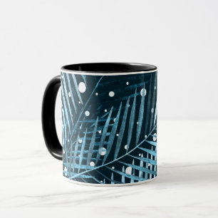 Taza Hojas de palma en azul con puntos de polka blanco.