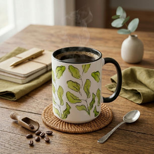 Taza Hojas Estéticas Acuarela Verde Artística