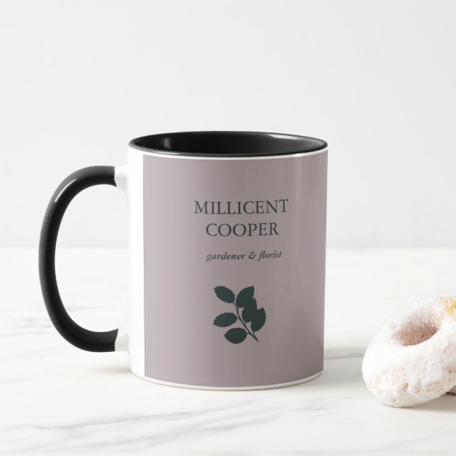 Taza Hojas grises oscuras, silueta morada (Con donut)