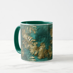 Taza Hojas verdes esmeraldas de oro tropical