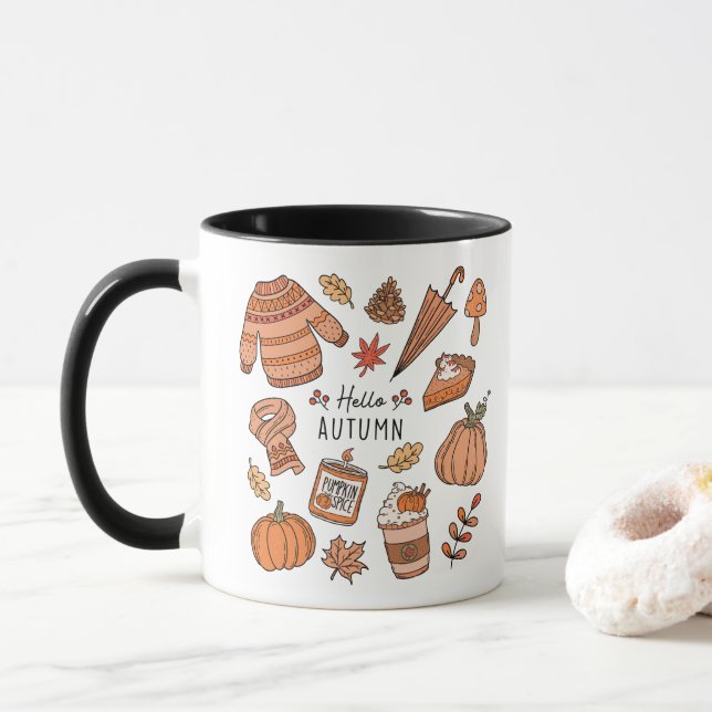 Taza Hola Autumn Mug, Fall Vibes Mug, Doodle Retro (Con donut)