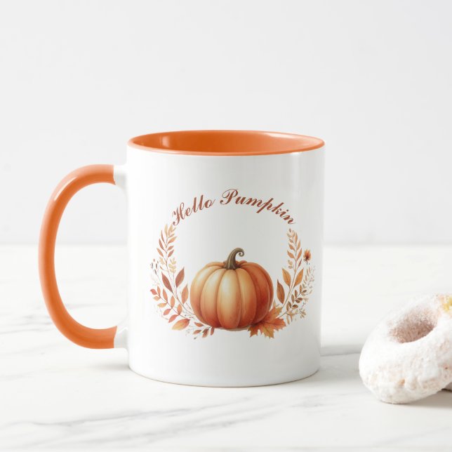 Taza Hola Calabaza Autumn Texto personalizado (Con donut)