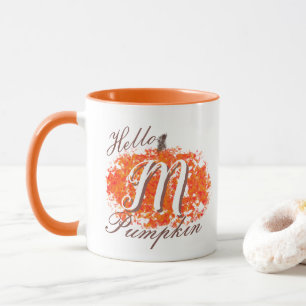 Taza Hola Calabaza Monograma Resumen Hojas de otoño