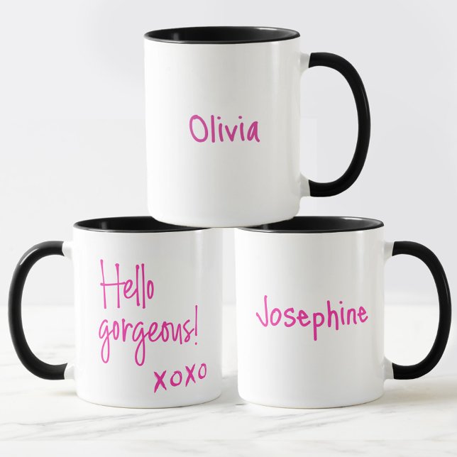 Taza Hola magnífico Día de Galentine XOXO personalizado (Personalized "Hello Gorgeous!" Mugs for your Galentine's day celebration.)
