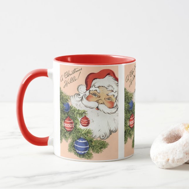 Taza ¡Hola Navidad Vintage! Alegre Papá Noel (Con donut)