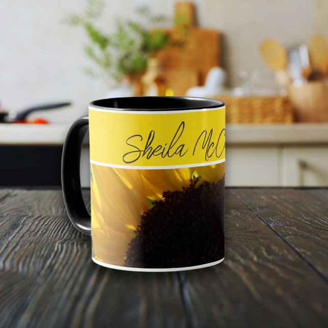 Taza Hola Sunshine Sunflower Photo (Bright sunshine from golden yellow sunflower mug. Personalize with your name.)