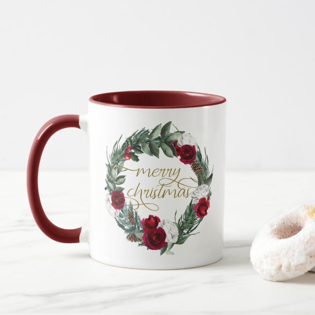 Taza HOLLY Burgundy Winter Floral Merry Christmas (Con donut)