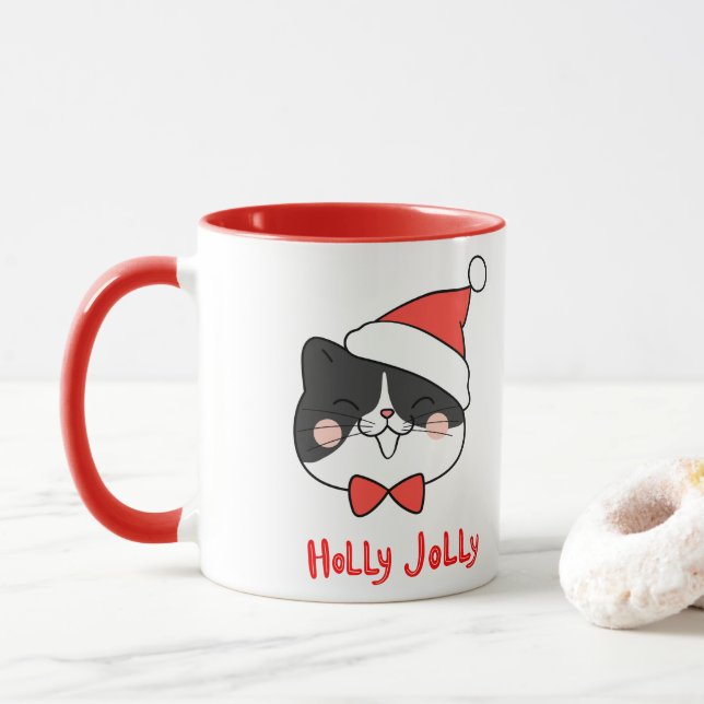 Taza Holly Jolly Cute Kawaii Santa Cat Navidades (Con donut)