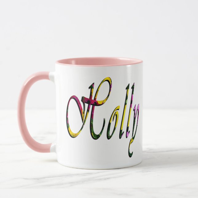 Taza Holly, nombre, logo, tazón de café rosa (Izquierda)