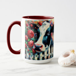 Taza Holstein Cow Picket Fence Red Roses Black Red
