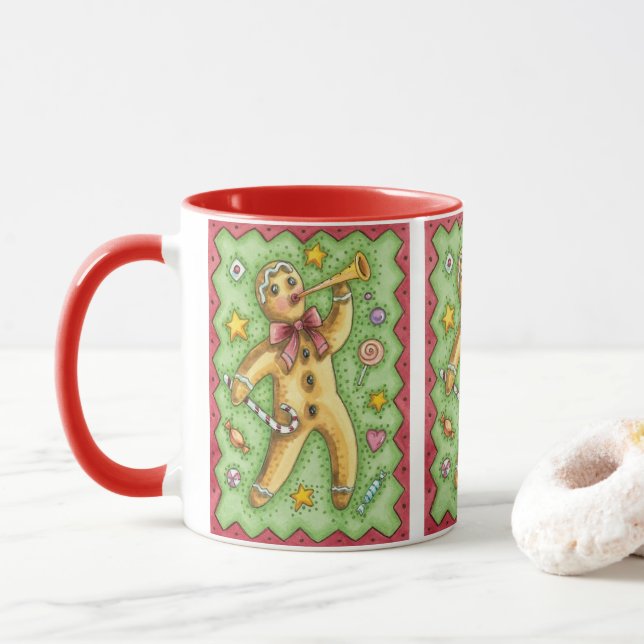 Taza Hombre de jengibre lindo soplando cuerno, caramelo (Con donut)