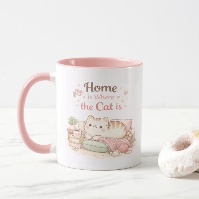 Taza Home is Where The Cat Is Cute Kitty Coffee Pink (Con donut)