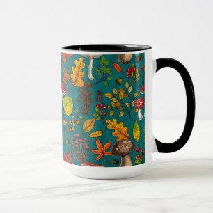 Taza Hongos, hojas, nueces y bayas otoñales en azul