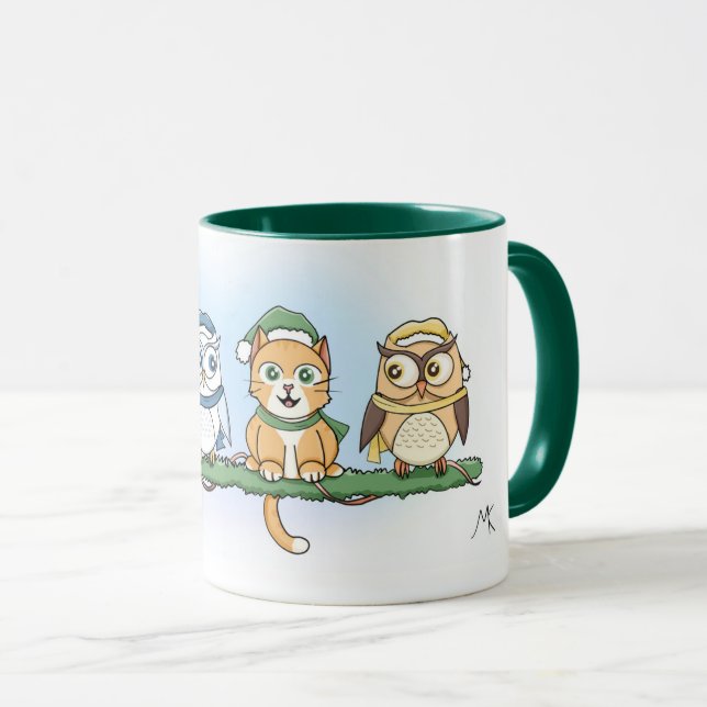 Taza ¿Hoot es el extraño? búhos y gatos navidades (Anverso derecho)