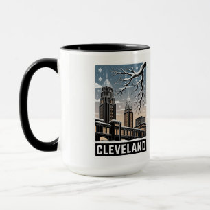 Taza Horizonte de Cleveland Ohio Invierno Xilografía Bl