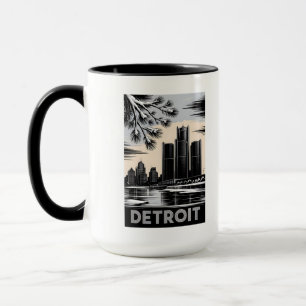 Taza Horizonte de Detroit en negro y blanco estilo grab