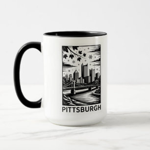 Taza Horizonte de Pittsburgh en blanco y negro en invie