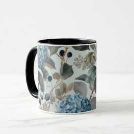 Taza Hortensia Azul Suave Patrón Floral Gris