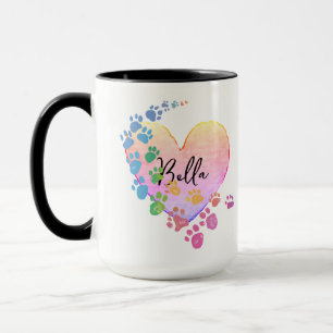 Taza Huellas de patas de mascota arcoíris con nombre en