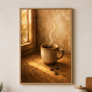 Taza humeante junto a la ventana Póster acuarela
