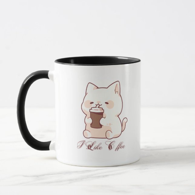 Taza "I Like Coffee" Kawaii Cat Illustration (Izquierda)