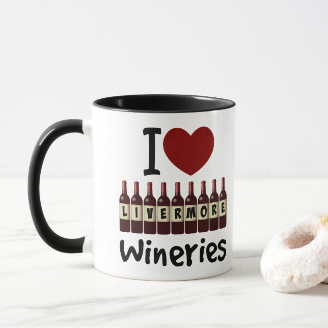 Taza I Love Livermore Wineries Heart and Wine Bottles (Con donut)