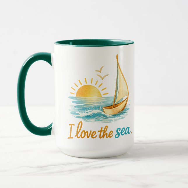Taza I Love the Sea Sailboat Sunset Ocean Illustration  (Izquierda)