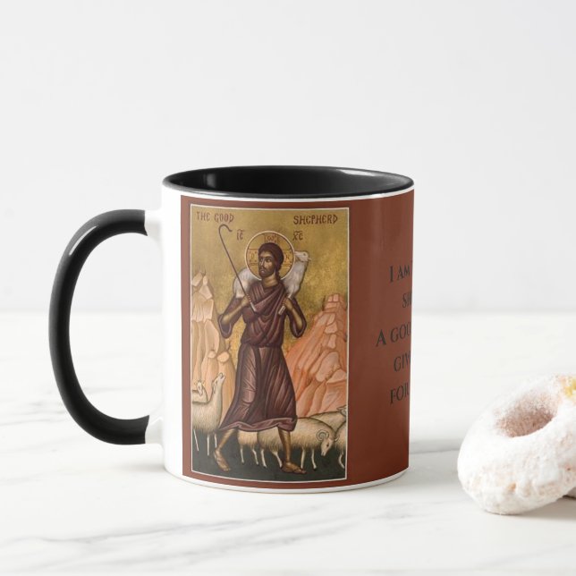 Taza Icono del Buen Pastor l Fe Ortodoxa, editable (Con donut)