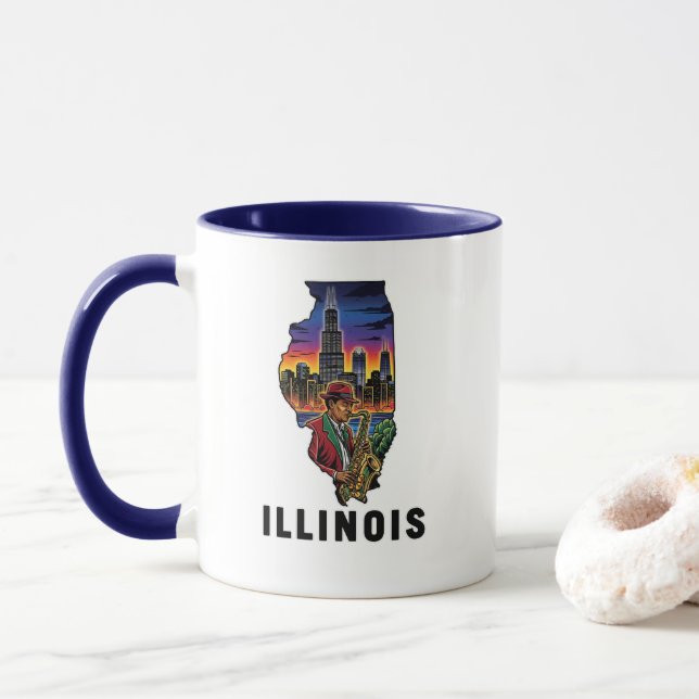 Taza Illinois State Tattoo Style Skyline Jazz Saxophone (Con donut)