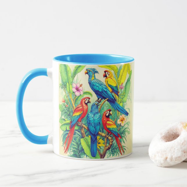 Taza Ilustración Botánica de Aves Tropicales (Con donut)