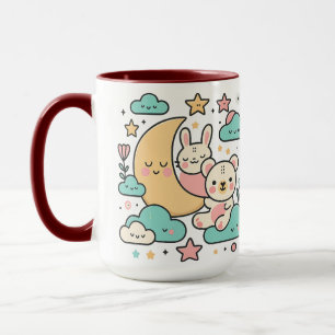 Taza Ilustración caprichosa de conejo y oso bajo la lun