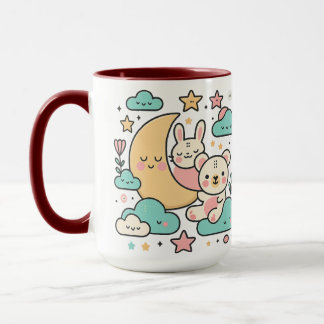 Taza Ilustración caprichosa de conejo y oso bajo la lun