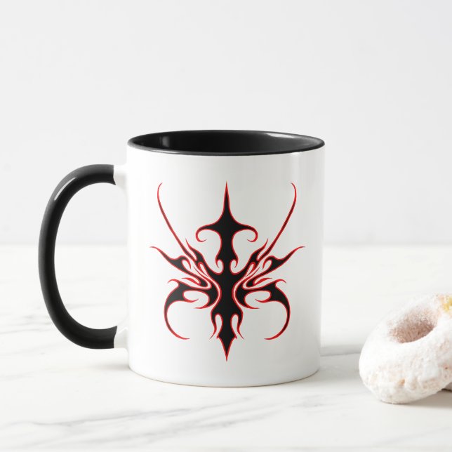 Taza Ilustración de arte de línea tribal negra y roja f (Con donut)