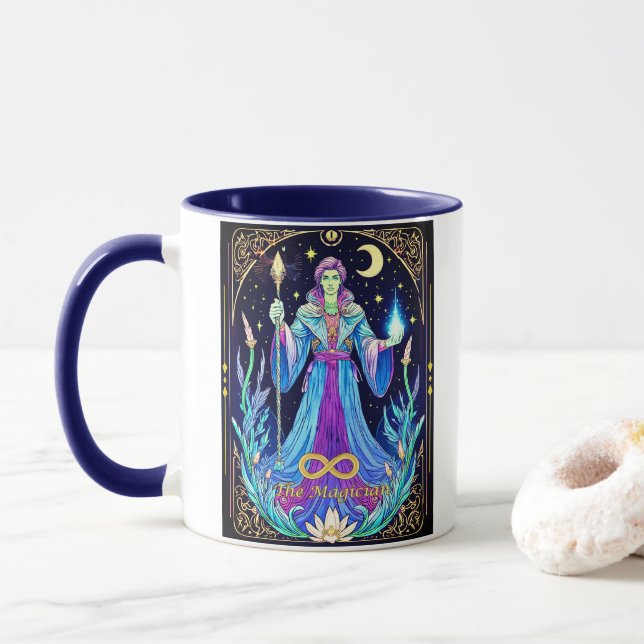 Taza Ilustración de carta de tarot, El Mago (Con donut)