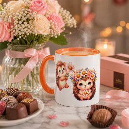 Taza Ilustración de dúo de erizos florales románticos l