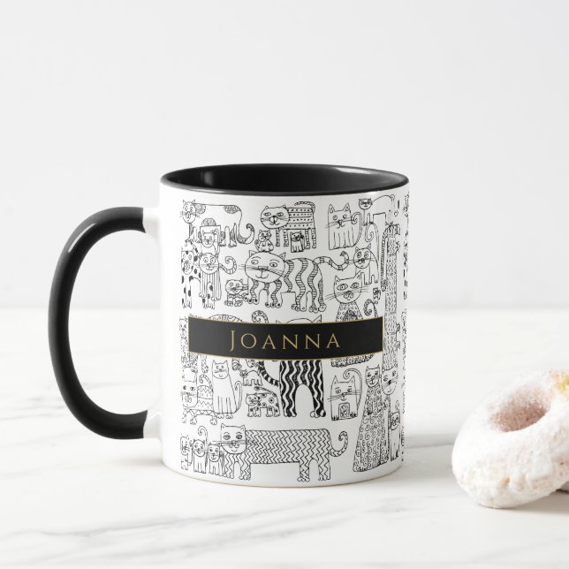 Taza Ilustración de gatos negros y blancos nombre (Con donut)