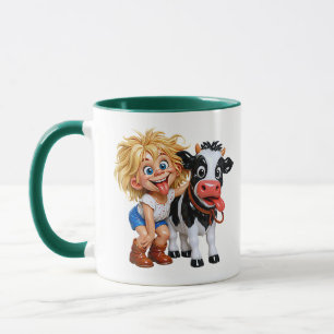 Taza Ilustración de niño juguetón con vaca